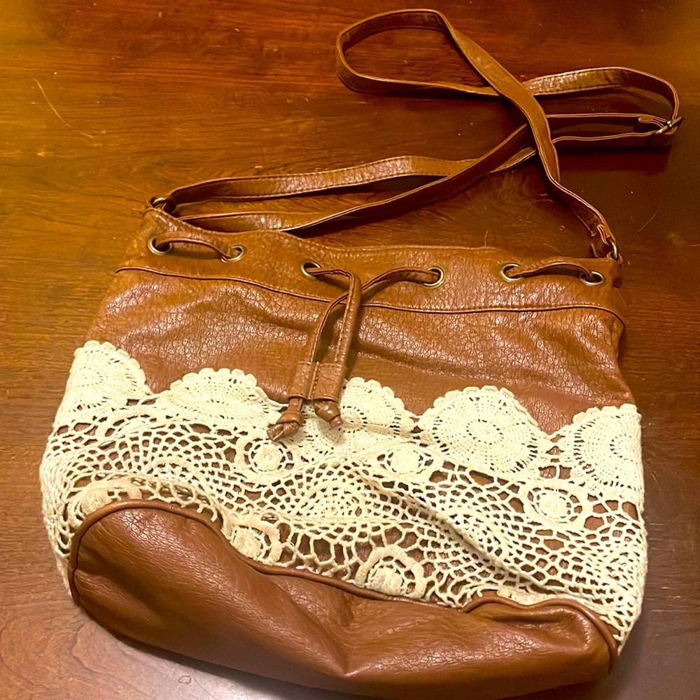 Brown Faux Leather with Lace Design Crossbody Bongo Purse